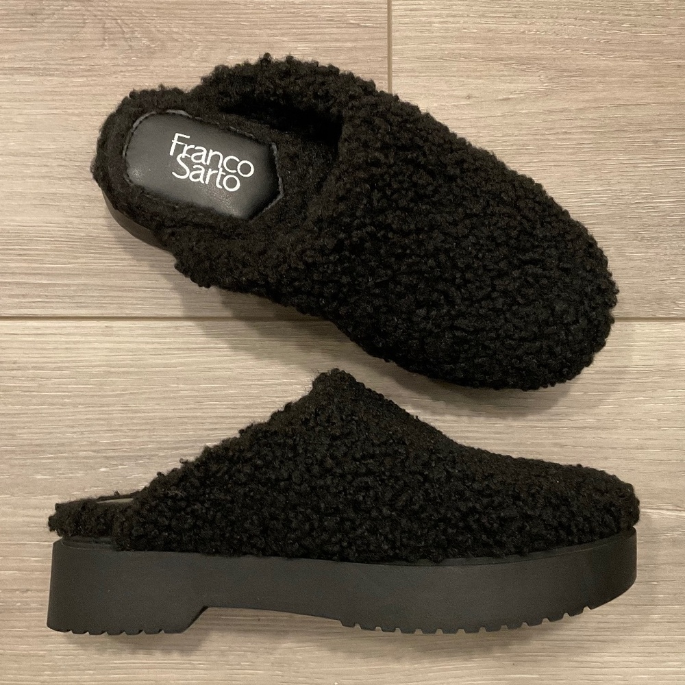 FRANCO SARTO Waleria Black Fleece Platform Mule Clog Size 7.5 LIKE NEW - Picture 1 of 8